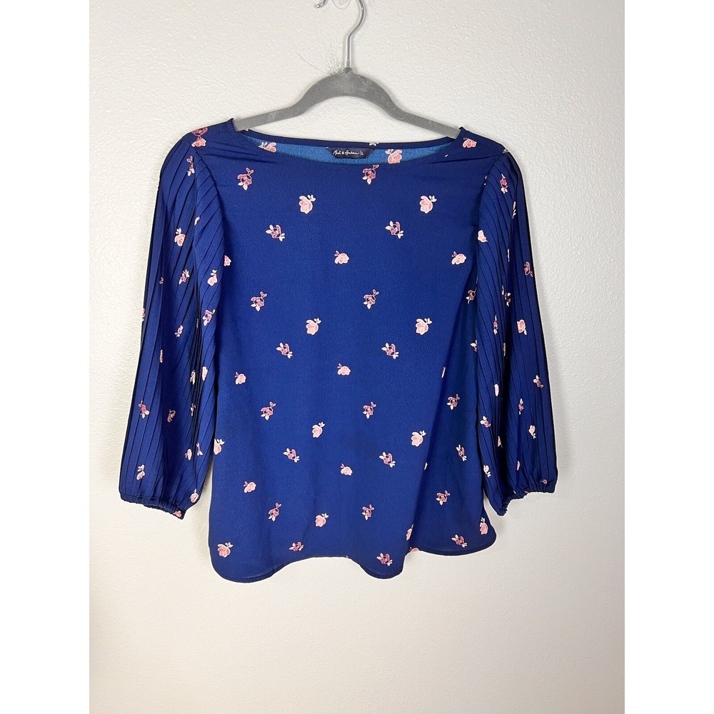 Mast & Harbour Large Navy Blue with Pink Flower‎ Blouse 3/4 Pleated Sleeves